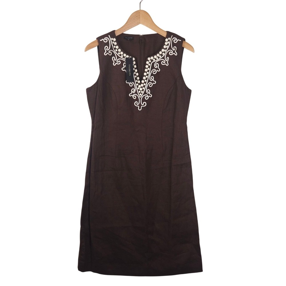 Talbots Dress Size 6 Brown Linen Beaded Embroidered Sleeveless‎ Sheath Shift NWT